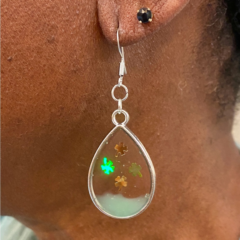 Silver Teardrop Earrings with Green and Gold Accents